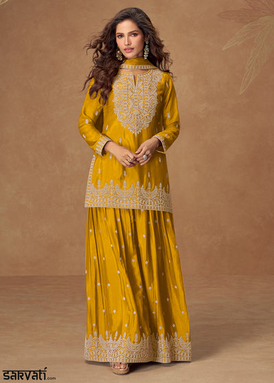 Mustard Yellow Chinon Silk Palazo suit with Intricate embroidery work