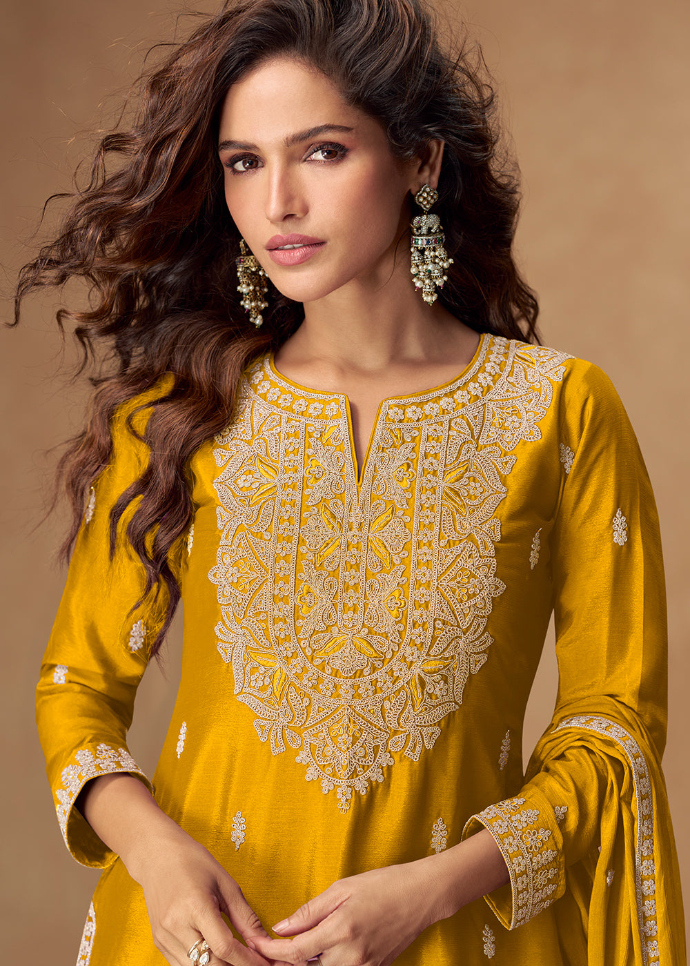 Mustard Yellow Chinon Silk Palazo suit with Intricate embroidery work