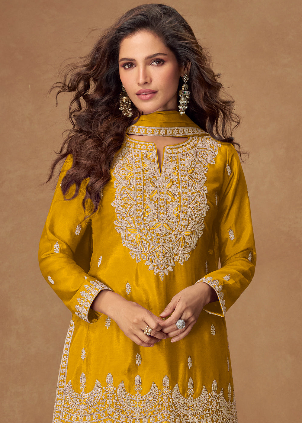 Mustard Yellow Chinon Silk Palazo suit with Intricate embroidery work