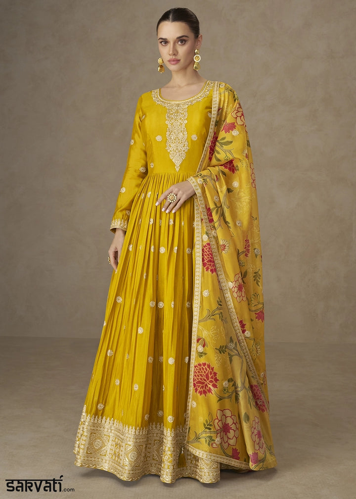 Mustard Yellow Chinon Silk Anarkali Gown with Floral Print Dupatta