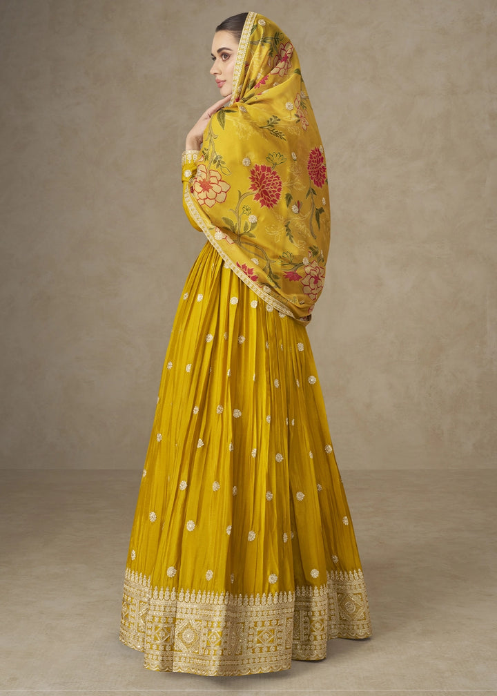Mustard Yellow Chinon Silk Anarkali Gown with Floral Print Dupatta