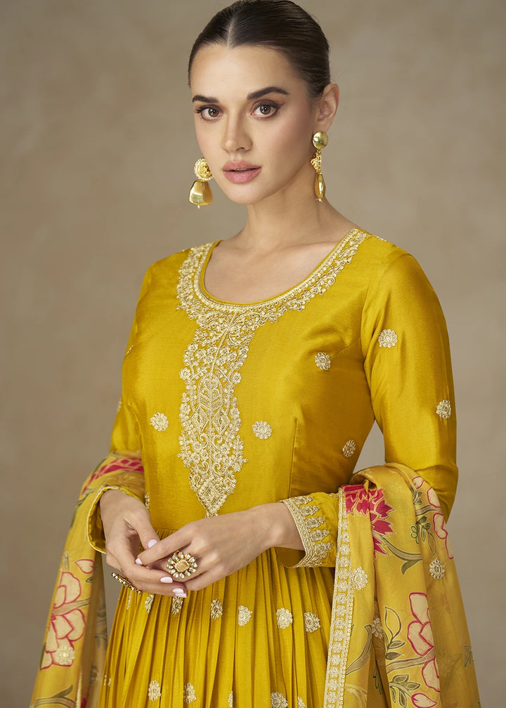 Mustard Yellow Chinon Silk Anarkali Gown with Floral Print Dupatta