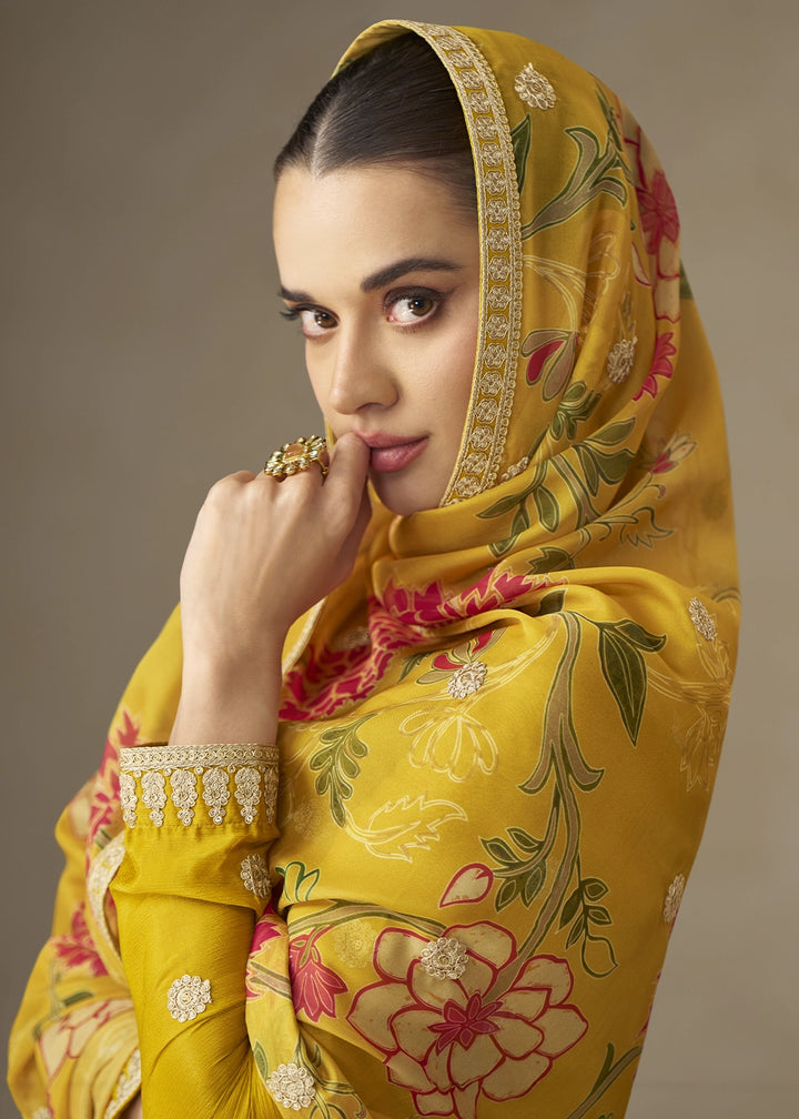 Mustard Yellow Chinon Silk Anarkali Gown with Floral Print Dupatta