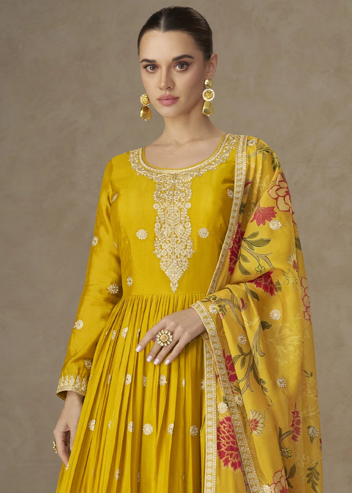Mustard Yellow Chinon Silk Anarkali Gown with Floral Print Dupatta