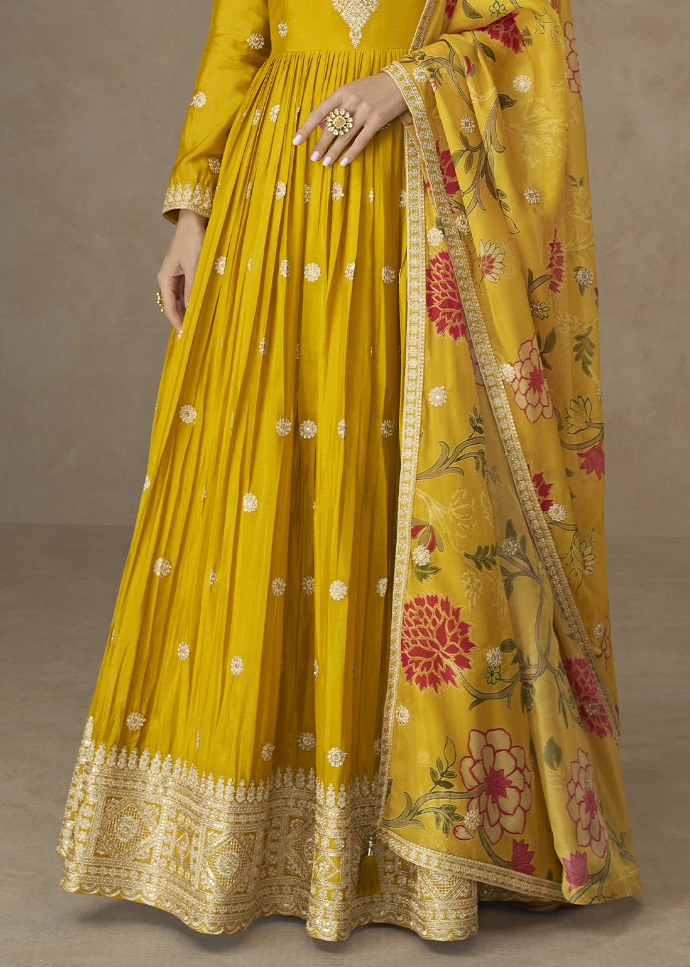 Mustard Yellow Chinon Silk Anarkali Gown with Floral Print Dupatta