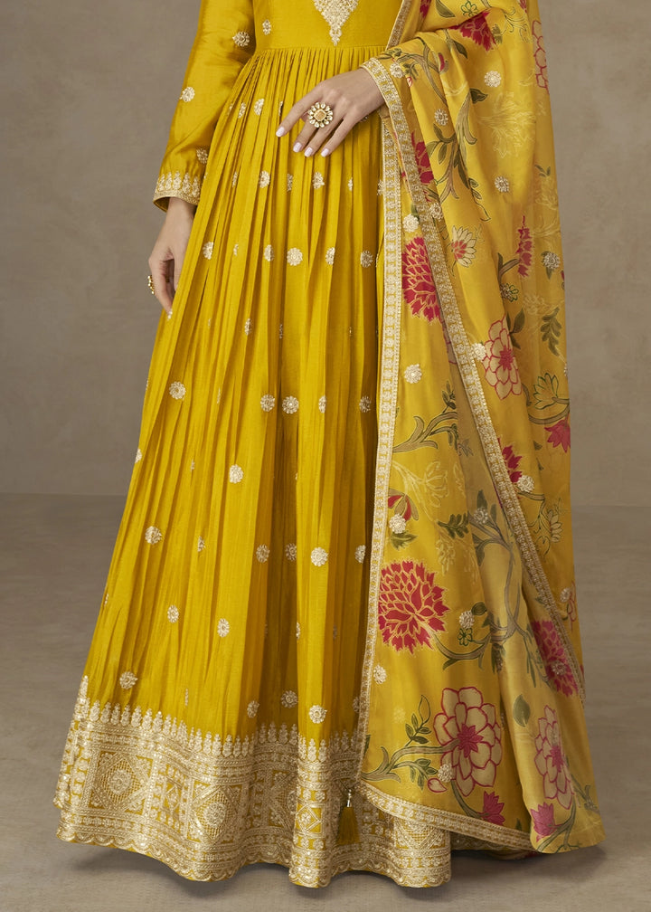 Mustard Yellow Chinon Silk Anarkali Gown with Floral Print Dupatta
