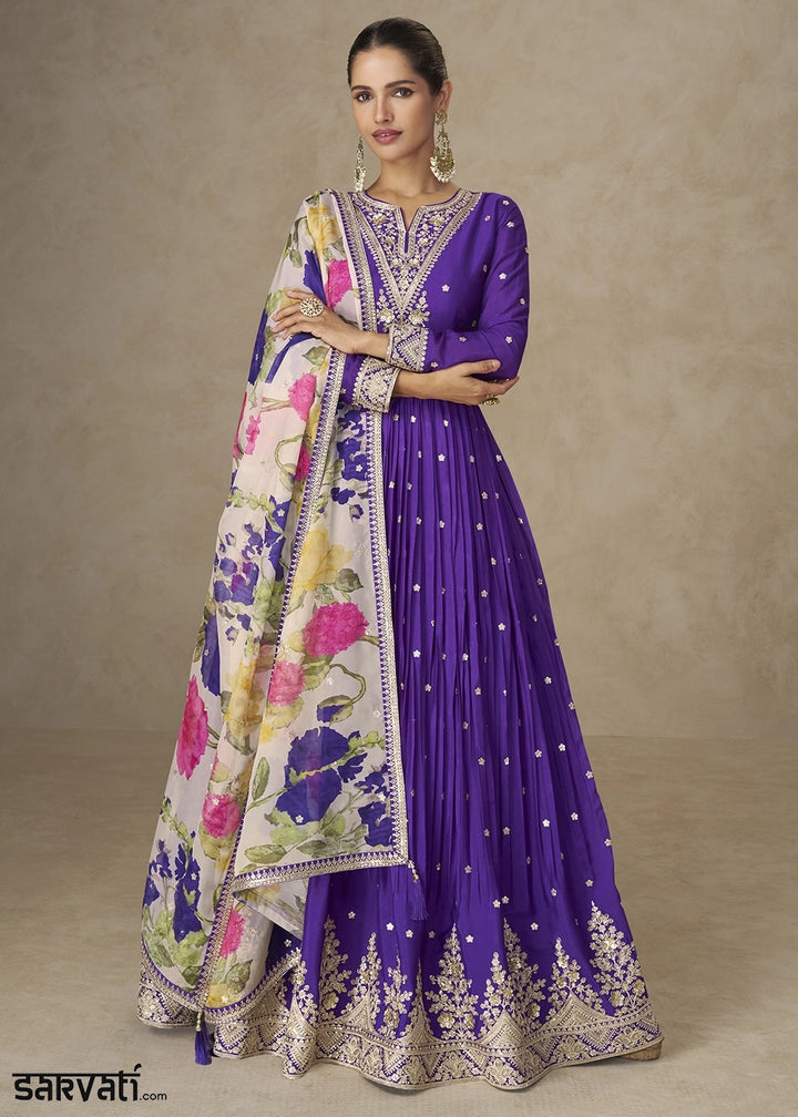 True Purple Chinon Silk Anarkali Gown with Floral Print Dupatta