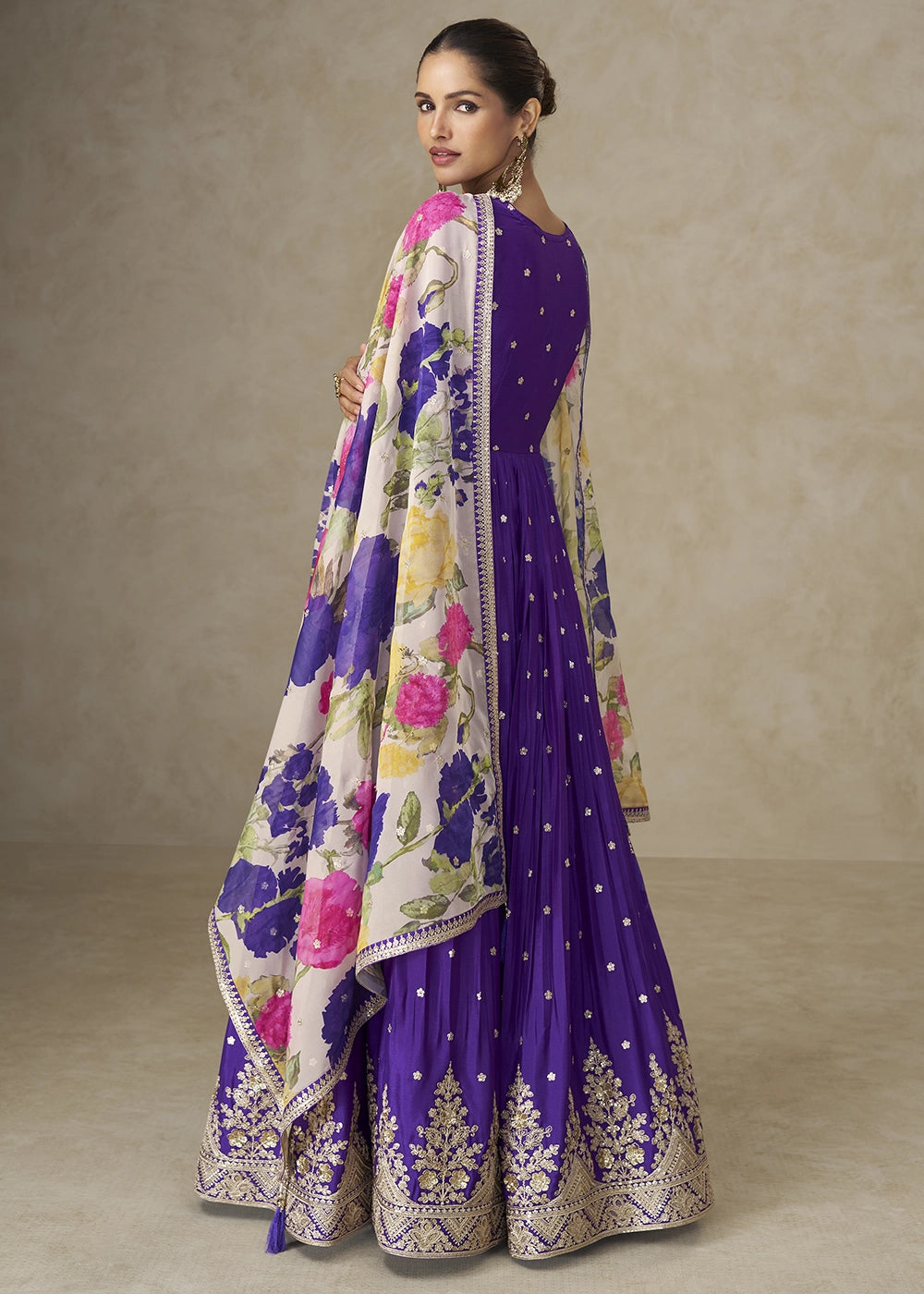 True Purple Chinon Silk Anarkali Gown with Floral Print Dupatta