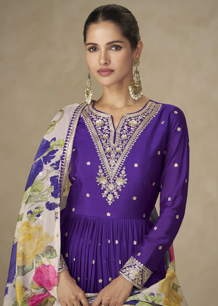 True Purple Chinon Silk Anarkali Gown with Floral Print Dupatta