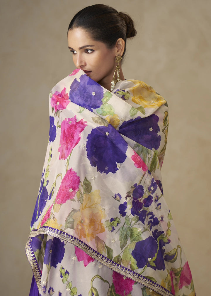 True Purple Chinon Silk Anarkali Gown with Floral Print Dupatta