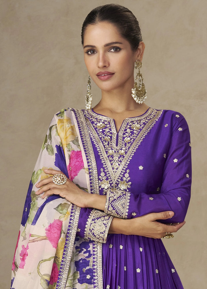 True Purple Chinon Silk Anarkali Gown with Floral Print Dupatta