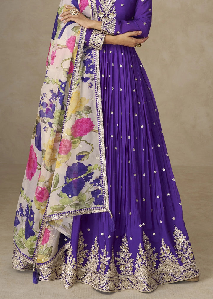 True Purple Chinon Silk Anarkali Gown with Floral Print Dupatta