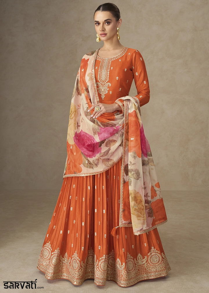 Lava Orange Chinon Silk Anarkali Gown with Floral Print Dupatta