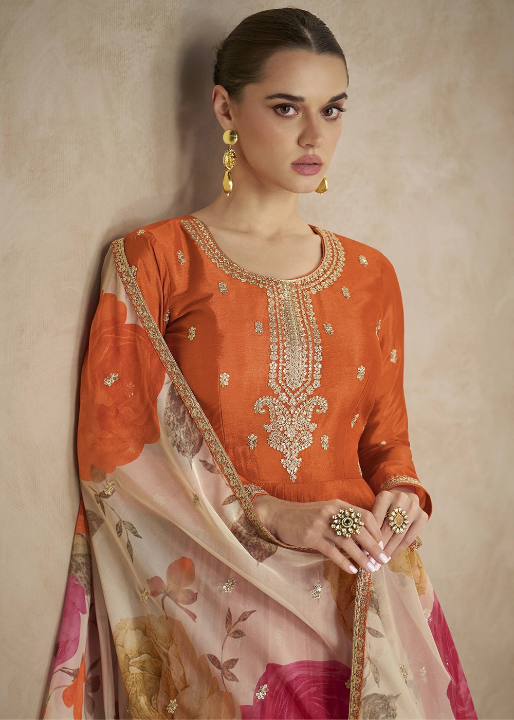 Lava Orange Chinon Silk Anarkali Gown with Floral Print Dupatta