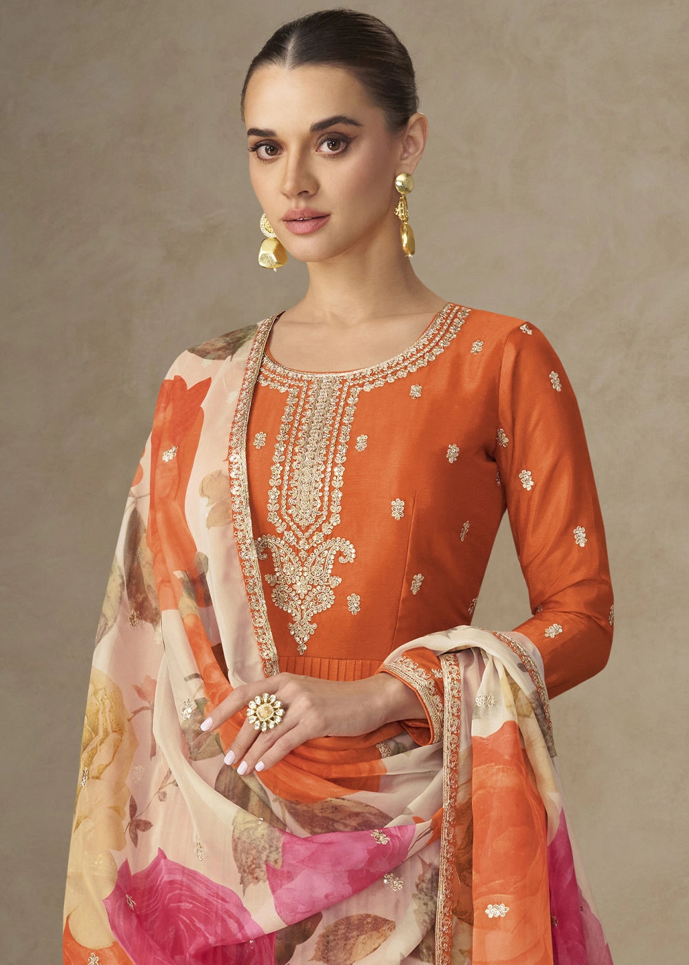 Lava Orange Chinon Silk Anarkali Gown with Floral Print Dupatta