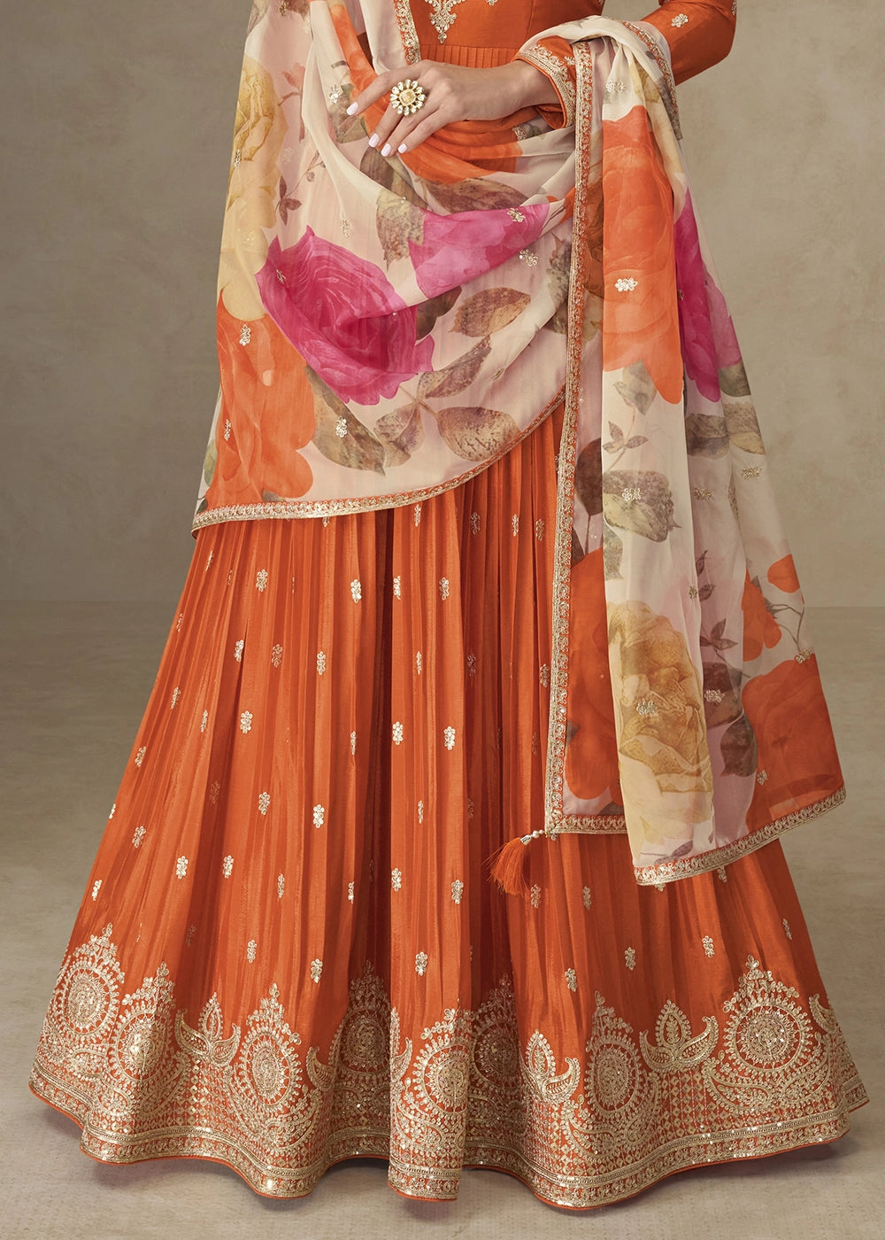 Lava Orange Chinon Silk Anarkali Gown with Floral Print Dupatta