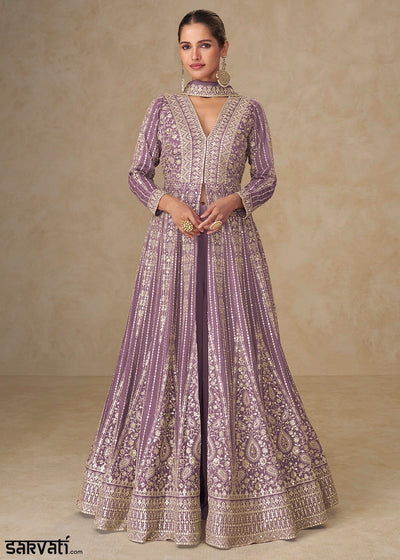 Lavender Purple Embroidered Chinon Silk Anarkali Gown