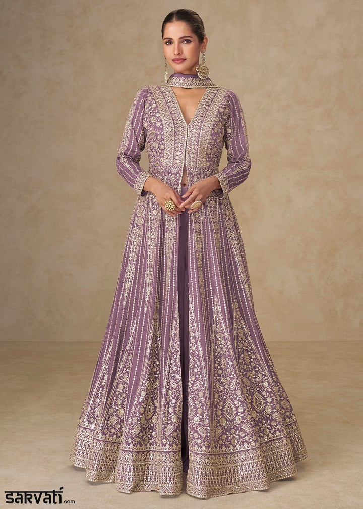 Lavender Purple Embroidered Chinon Silk Anarkali Gown