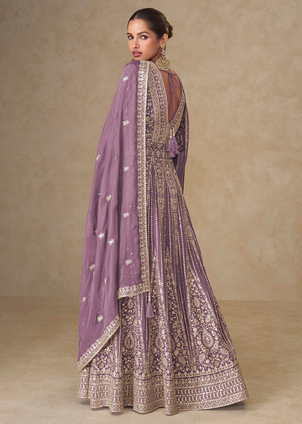 Lavender Purple Embroidered Chinon Silk Anarkali Gown