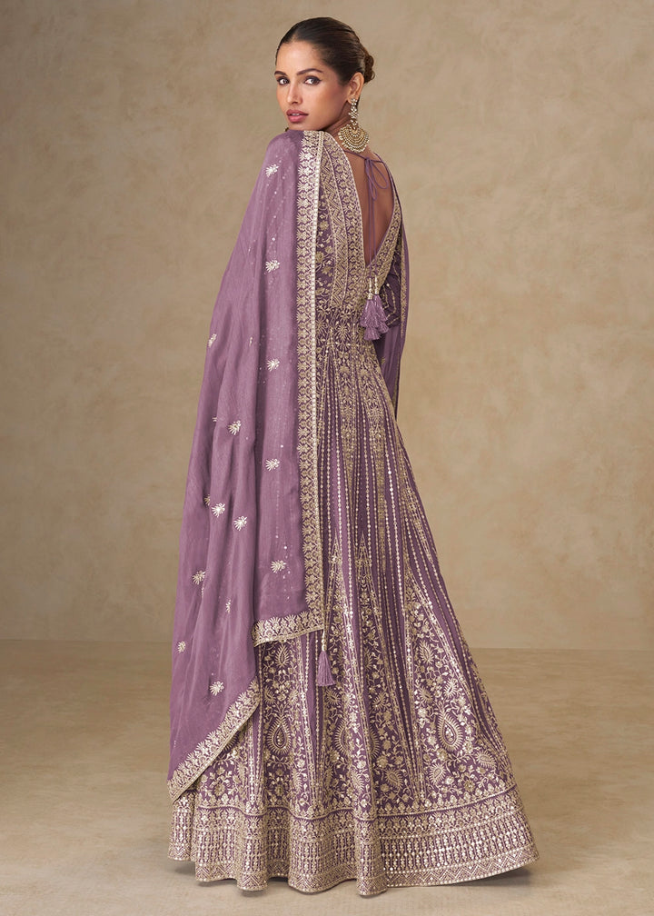 Lavender Purple Embroidered Chinon Silk Anarkali Gown
