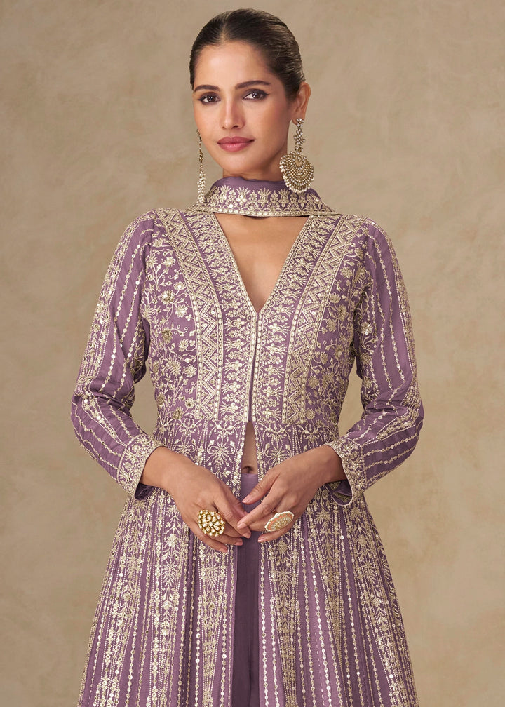 Lavender Purple Embroidered Chinon Silk Anarkali Gown