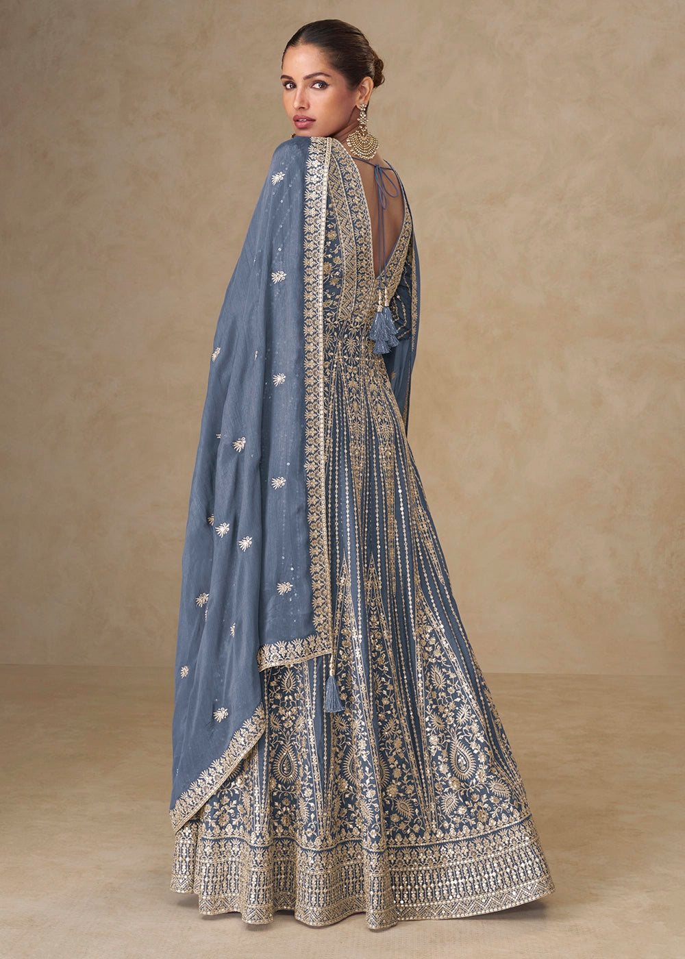 Steel Blue Embroidered Chinon Silk Anarkali Gown