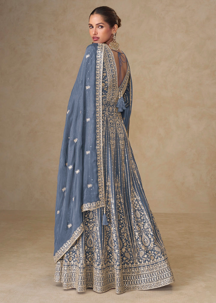 Steel Blue Embroidered Chinon Silk Anarkali Gown