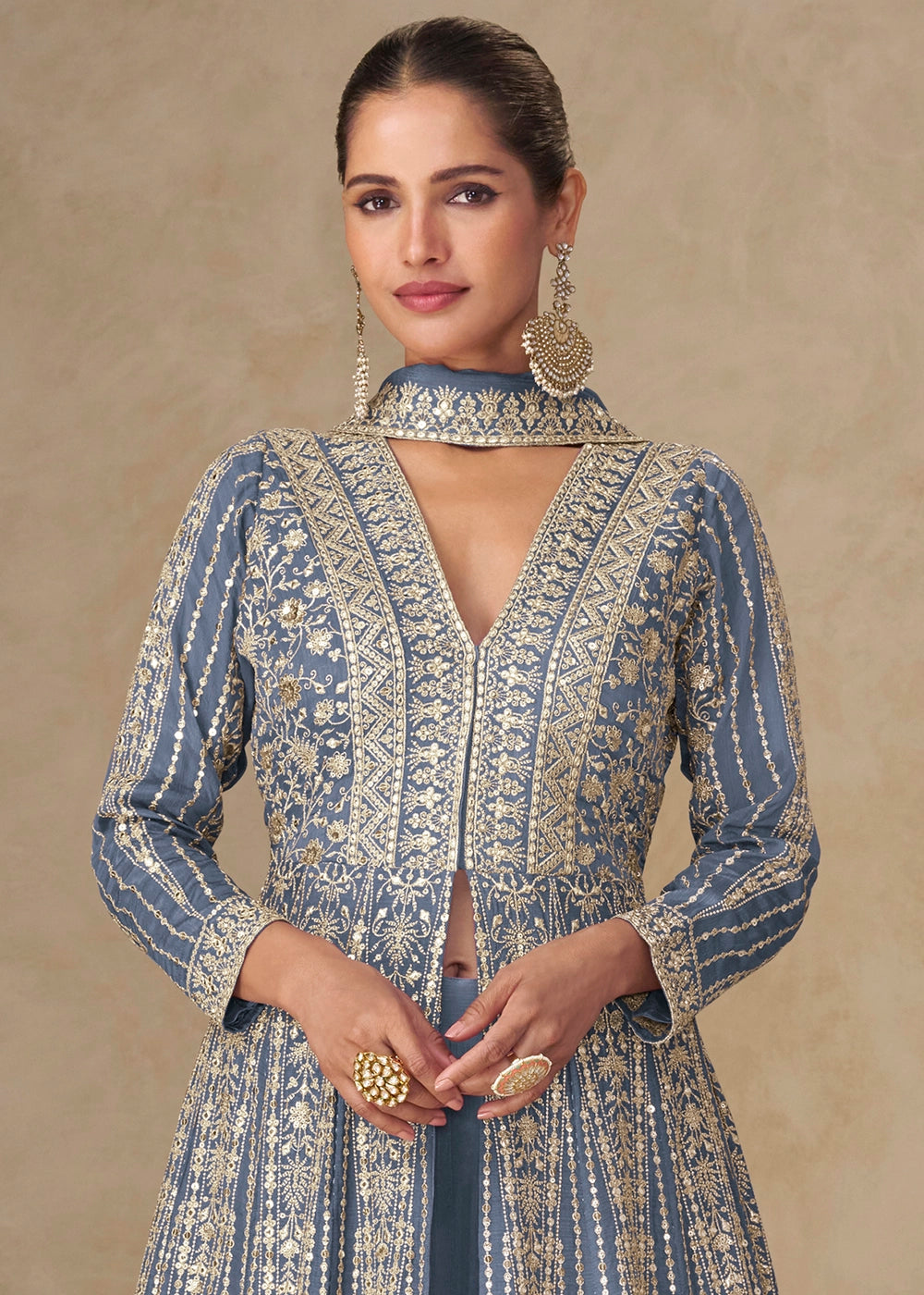 Steel Blue Embroidered Chinon Silk Anarkali Gown