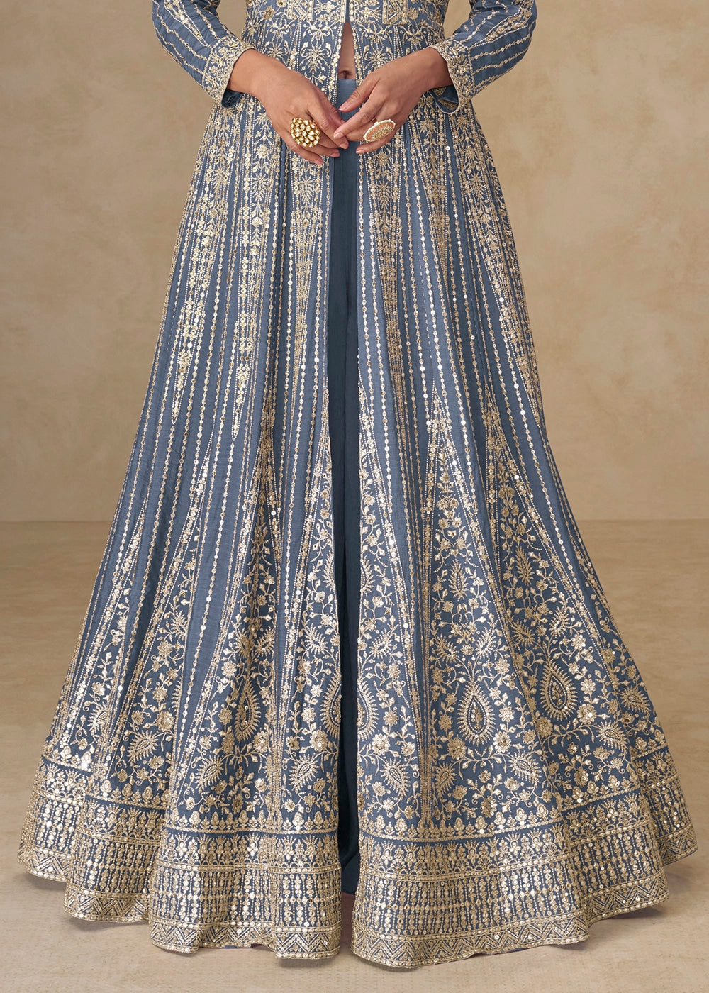 Steel Blue Embroidered Chinon Silk Anarkali Gown