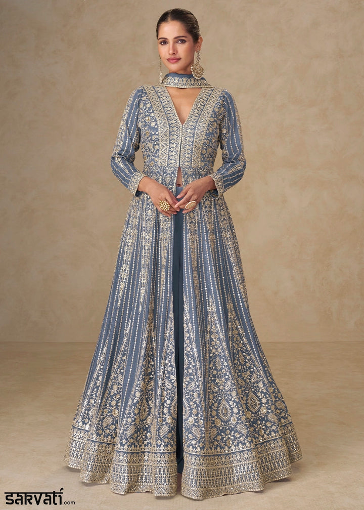Steel Blue Embroidered Chinon Silk Anarkali Gown