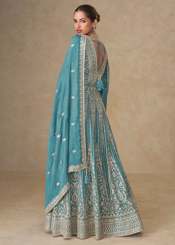 Cerulean Blue Embroidered Chinon Silk Anarkali Gown