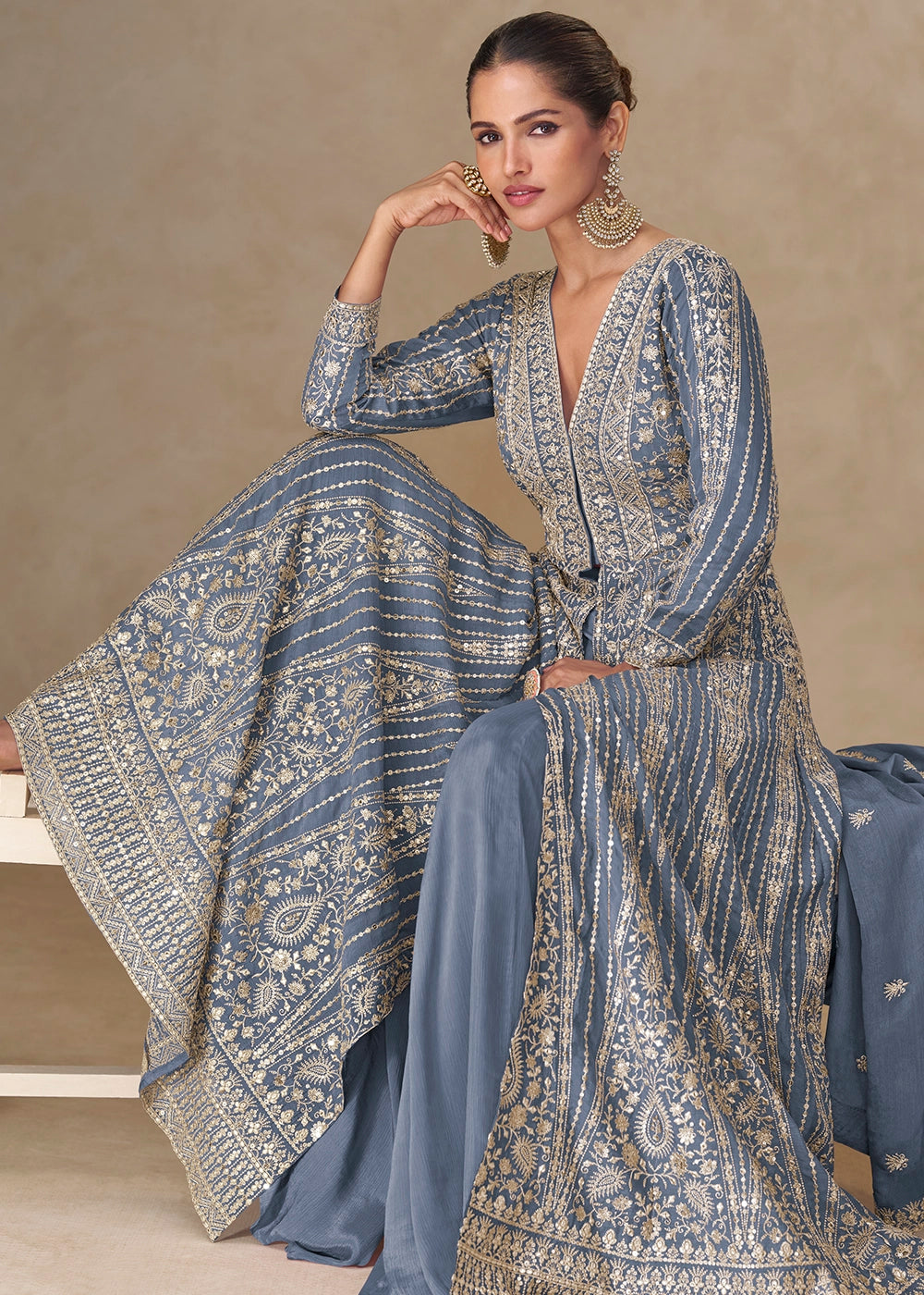 Cerulean Blue Embroidered Chinon Silk Anarkali Gown