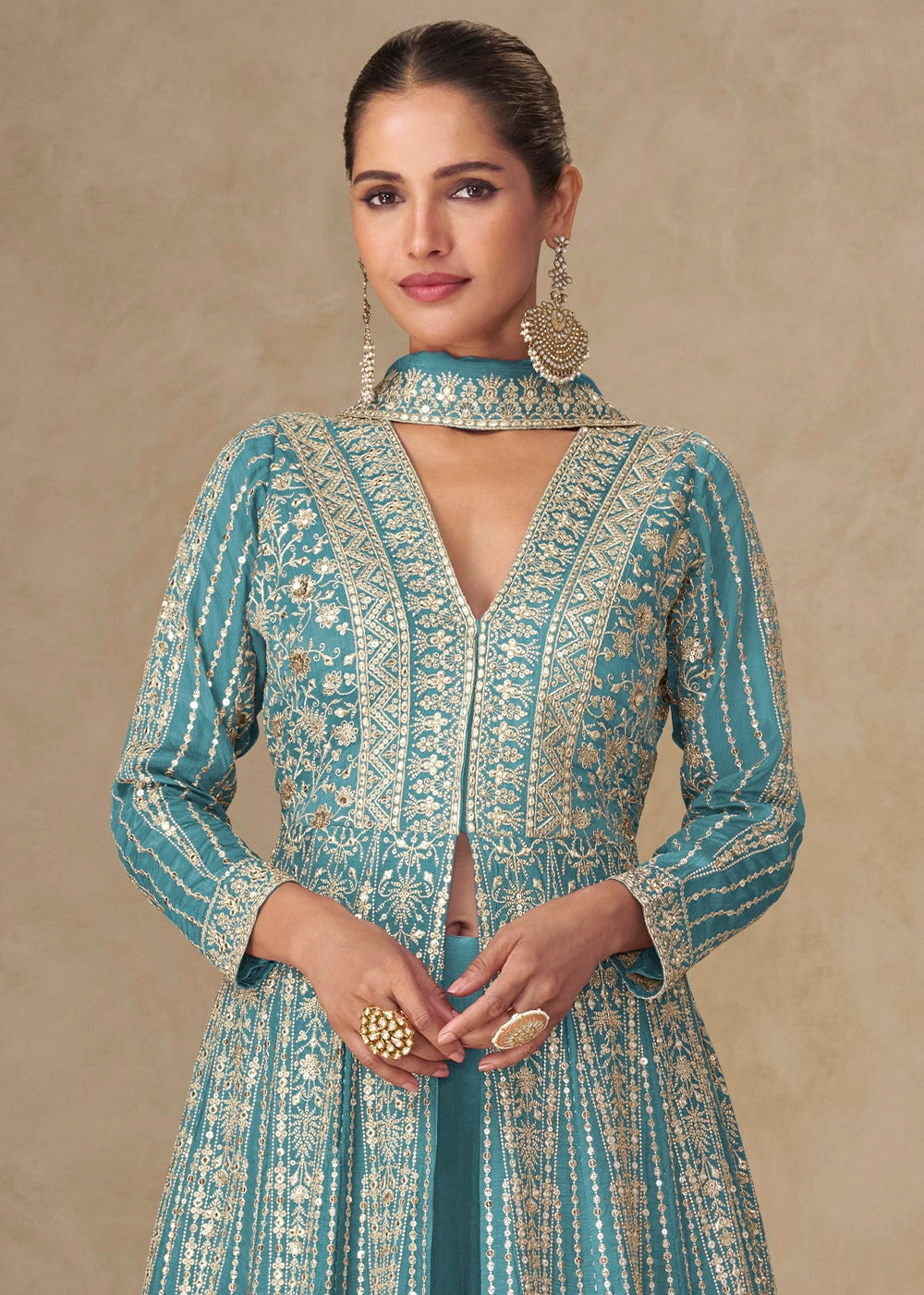 Cerulean Blue Embroidered Chinon Silk Anarkali Gown