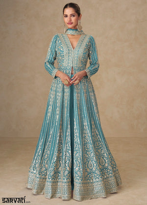 Cerulean Blue Embroidered Chinon Silk Anarkali Gown