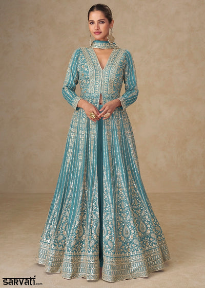 Cerulean Blue Embroidered Chinon Silk Anarkali Gown