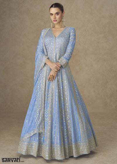 Dodger Blue Chinon Silk Anarkali Gown with Elegant Embroidery Work