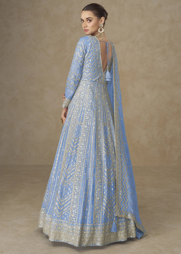 Dodger Blue Chinon Silk Anarkali Gown with Elegant Embroidery Work