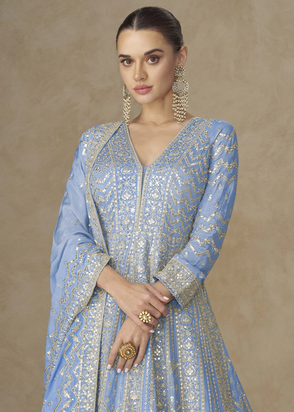 Dodger Blue Chinon Silk Anarkali Gown with Elegant Embroidery Work