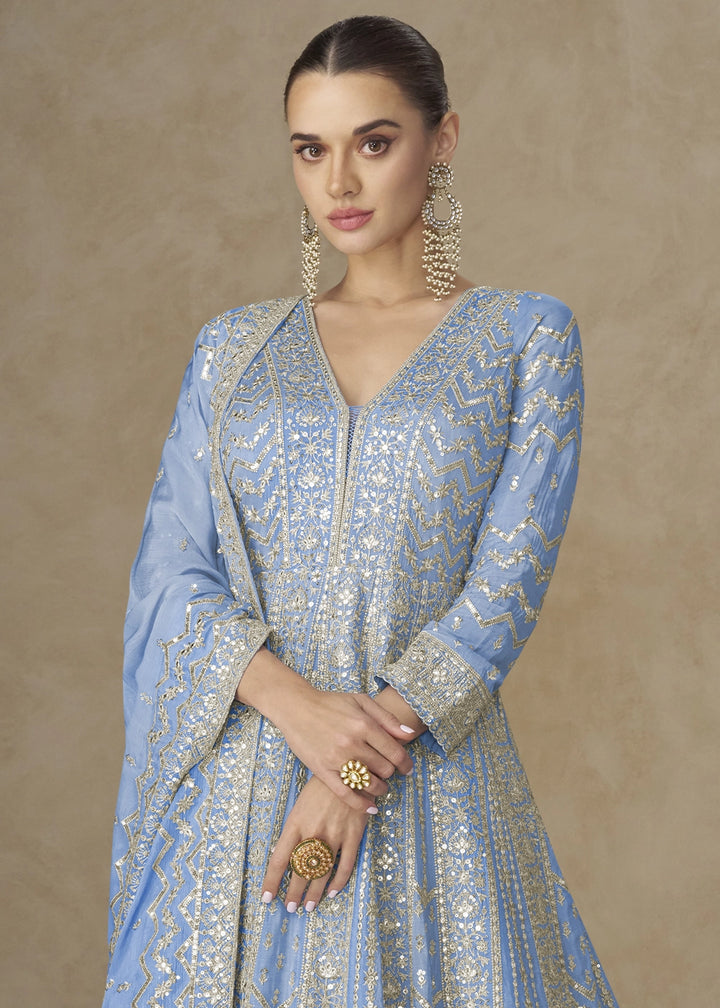 Dodger Blue Chinon Silk Anarkali Gown with Elegant Embroidery Work