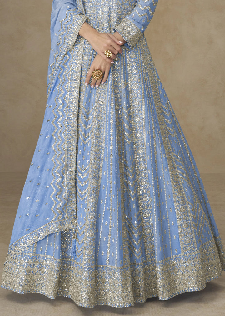 Dodger Blue Chinon Silk Anarkali Gown with Elegant Embroidery Work