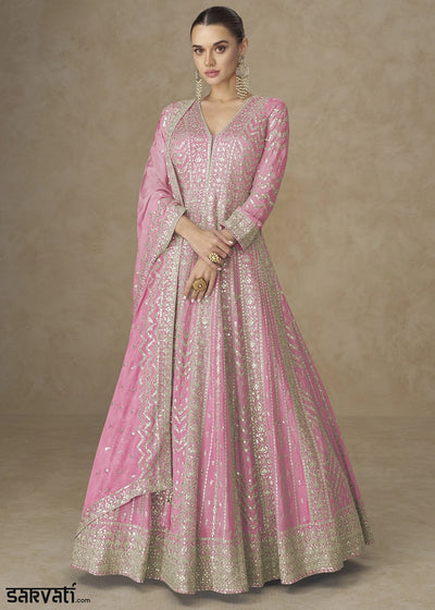 Creamy Pink Chinon Silk Anarkali Gown with Elegant Embroidery Work