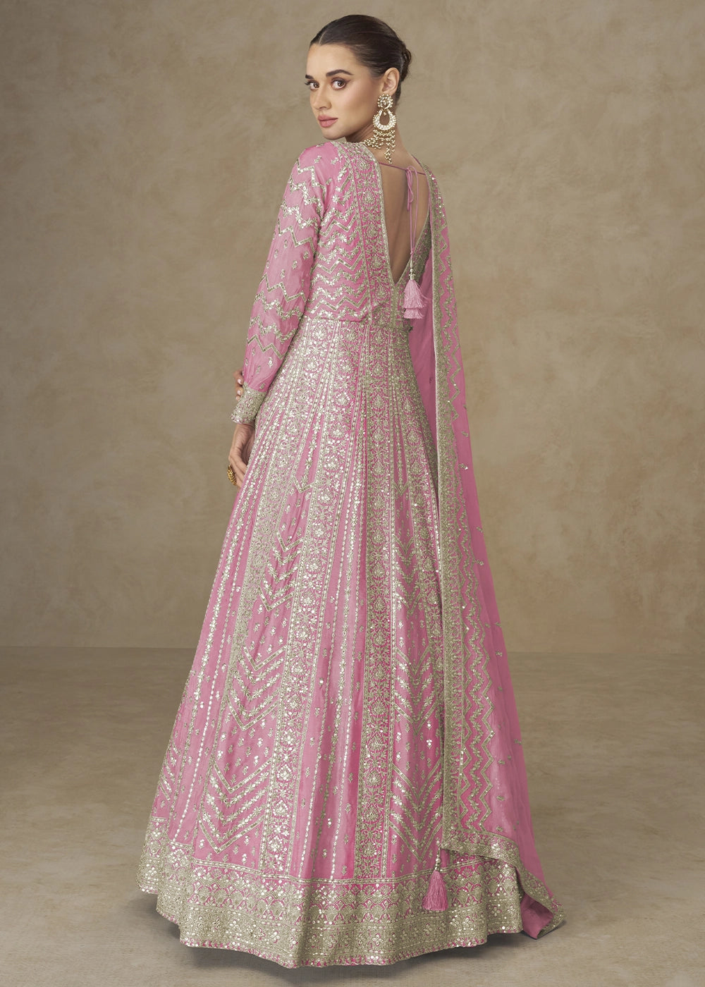 Creamy Pink Chinon Silk Anarkali Gown with Elegant Embroidery Work