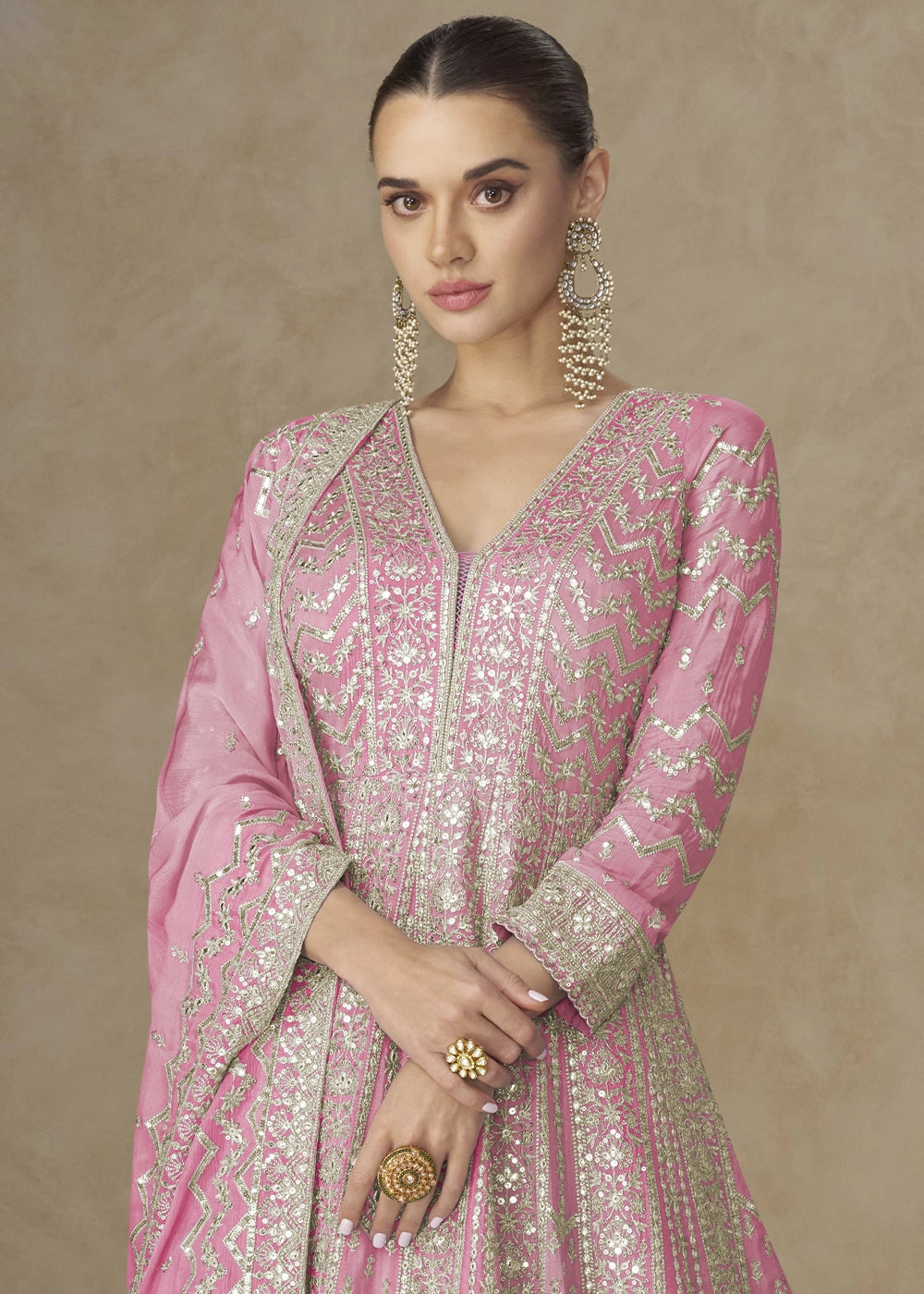 Creamy Pink Chinon Silk Anarkali Gown with Elegant Embroidery Work