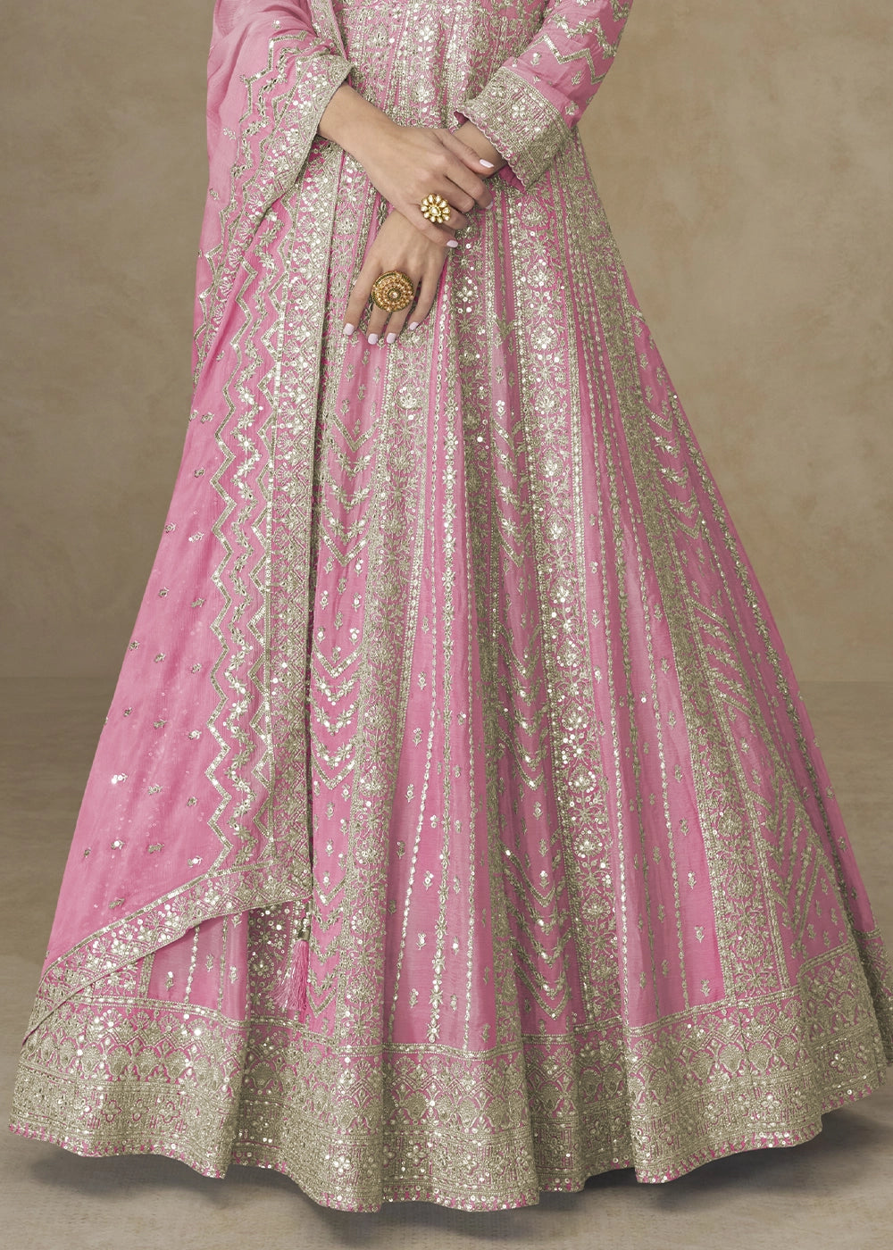 Creamy Pink Chinon Silk Anarkali Gown with Elegant Embroidery Work