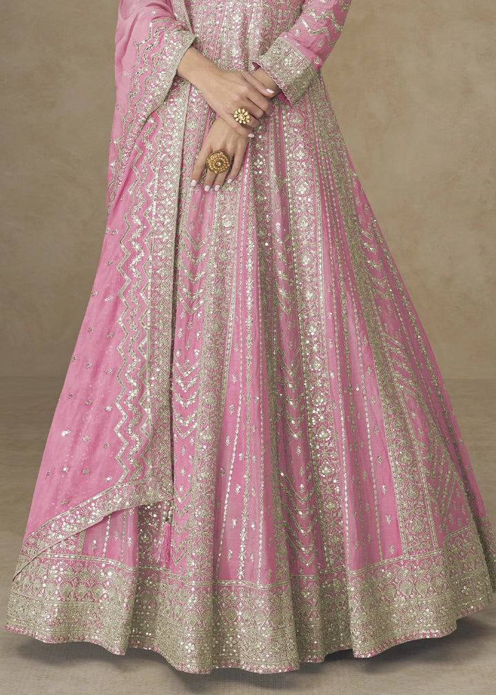 Creamy Pink Chinon Silk Anarkali Gown with Elegant Embroidery Work