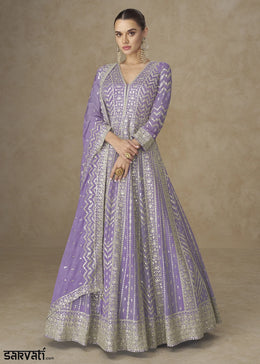Amethyst Purple Chinon Silk Anarkali Gown with Elegant Embroidery Work