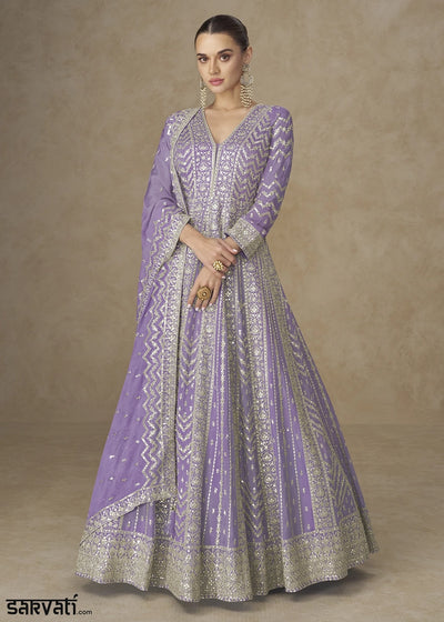 Amethyst Purple Chinon Silk Anarkali Gown with Elegant Embroidery Work