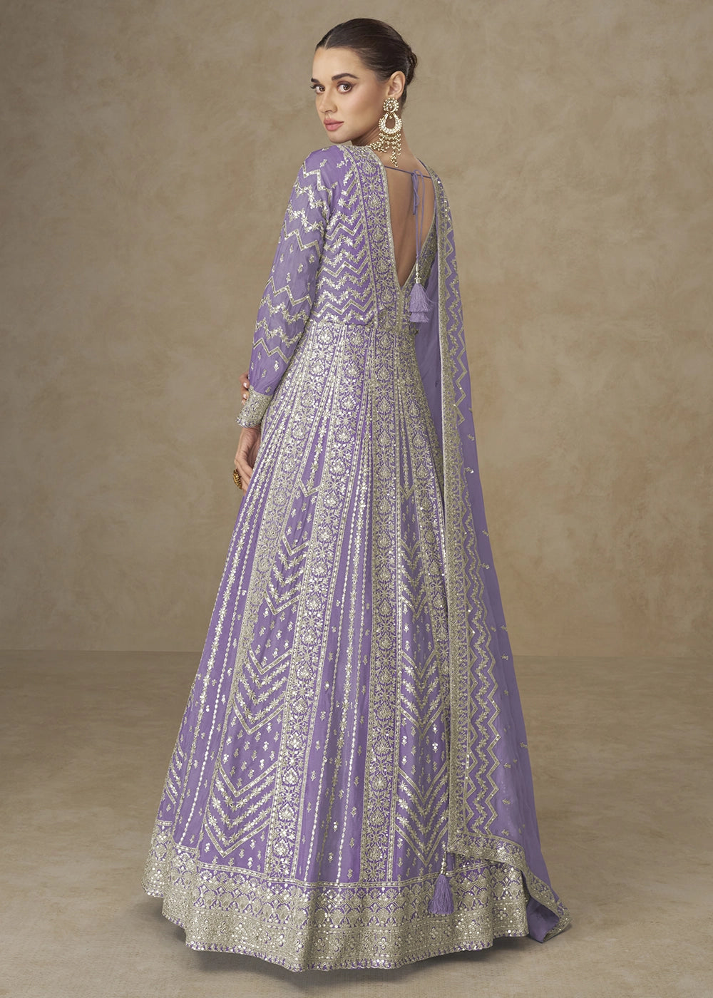 Amethyst Purple Chinon Silk Anarkali Gown with Elegant Embroidery Work