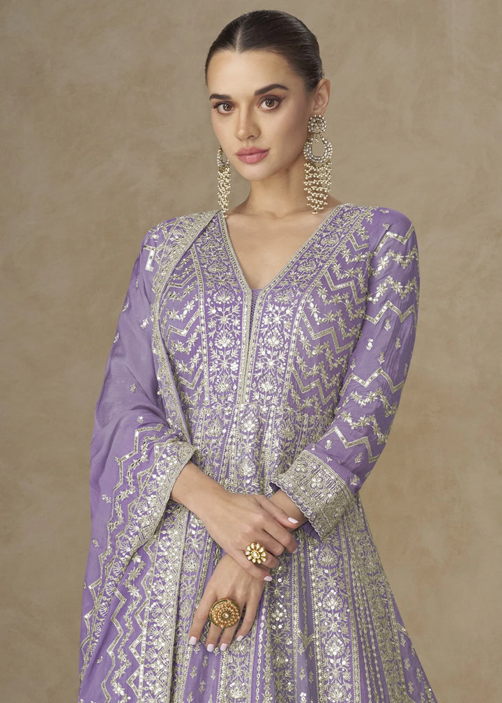 Amethyst Purple Chinon Silk Anarkali Gown with Elegant Embroidery Work