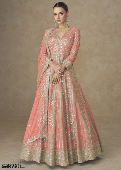 Salmon Orange Chinon Silk Anarkali Gown with Elegant Embroidery Work